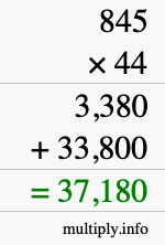How to calculate 845 times 44 using long multiplication