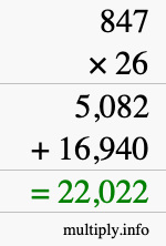 How to calculate 847 times 26 using long multiplication