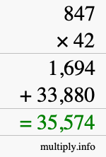 How to calculate 847 times 42 using long multiplication