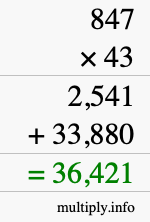 How to calculate 847 times 43 using long multiplication