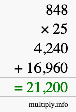 How to calculate 848 times 25 using long multiplication