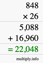 How to calculate 848 times 26 using long multiplication