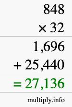 How to calculate 848 times 32 using long multiplication