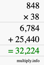 How to calculate 848 times 38 using long multiplication