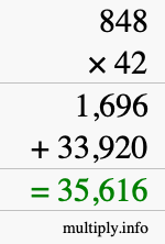 How to calculate 848 times 42 using long multiplication