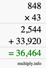 How to calculate 848 times 43 using long multiplication
