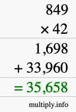 How to calculate 849 times 42 using long multiplication