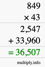 How to calculate 849 times 43 using long multiplication