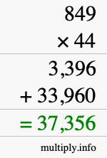 How to calculate 849 times 44 using long multiplication