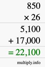 How to calculate 850 times 26 using long multiplication