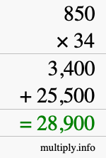 How to calculate 850 times 34 using long multiplication