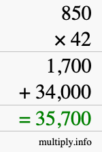 How to calculate 850 times 42 using long multiplication