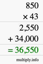 How to calculate 850 times 43 using long multiplication