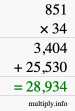 How to calculate 851 times 34 using long multiplication