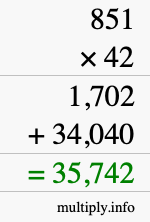 How to calculate 851 times 42 using long multiplication