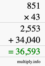 How to calculate 851 times 43 using long multiplication