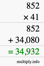 How to calculate 852 times 41 using long multiplication