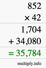 How to calculate 852 times 42 using long multiplication