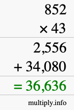 How to calculate 852 times 43 using long multiplication