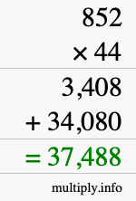 How to calculate 852 times 44 using long multiplication