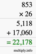 How to calculate 853 times 26 using long multiplication