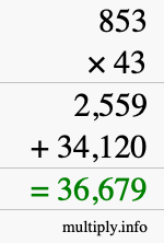 How to calculate 853 times 43 using long multiplication