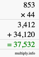 How to calculate 853 times 44 using long multiplication