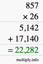 How to calculate 857 times 26 using long multiplication