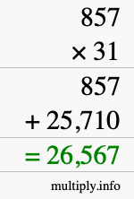 How to calculate 857 times 31 using long multiplication