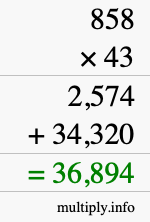 How to calculate 858 times 43 using long multiplication