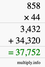 How to calculate 858 times 44 using long multiplication