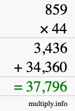 How to calculate 859 times 44 using long multiplication