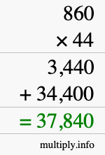 How to calculate 860 times 44 using long multiplication