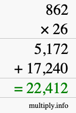 How to calculate 862 times 26 using long multiplication