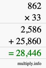 How to calculate 862 times 33 using long multiplication
