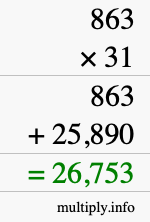 How to calculate 863 times 31 using long multiplication