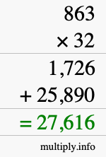 How to calculate 863 times 32 using long multiplication