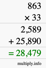 How to calculate 863 times 33 using long multiplication