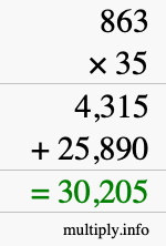 How to calculate 863 times 35 using long multiplication