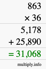How to calculate 863 times 36 using long multiplication