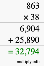 How to calculate 863 times 38 using long multiplication