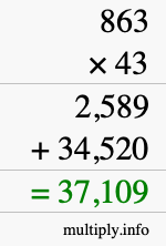 How to calculate 863 times 43 using long multiplication