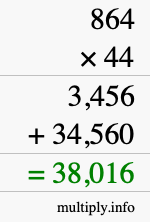 How to calculate 864 times 44 using long multiplication