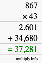 How to calculate 867 times 43 using long multiplication