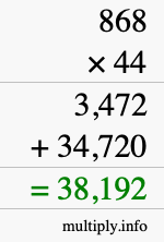 How to calculate 868 times 44 using long multiplication