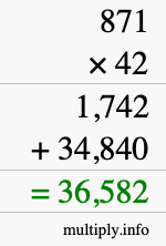 How to calculate 871 times 42 using long multiplication