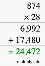 How to calculate 874 times 28 using long multiplication