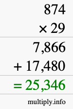 How to calculate 874 times 29 using long multiplication