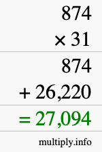 How to calculate 874 times 31 using long multiplication