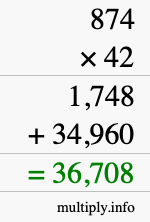 How to calculate 874 times 42 using long multiplication